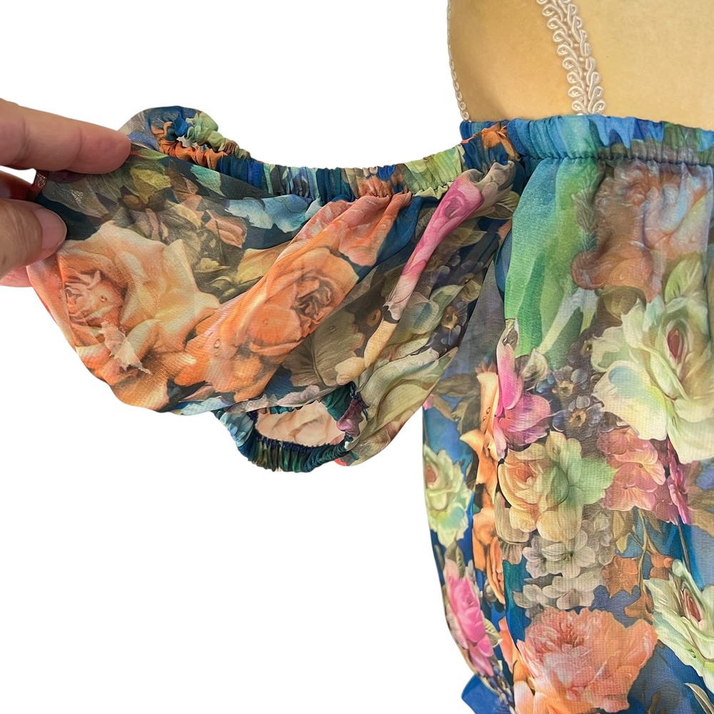 Floral Chiffon Off Shoulder Crop Top Tie Front Blouse Summer Boho Women's XS - Picture 2 of 16
